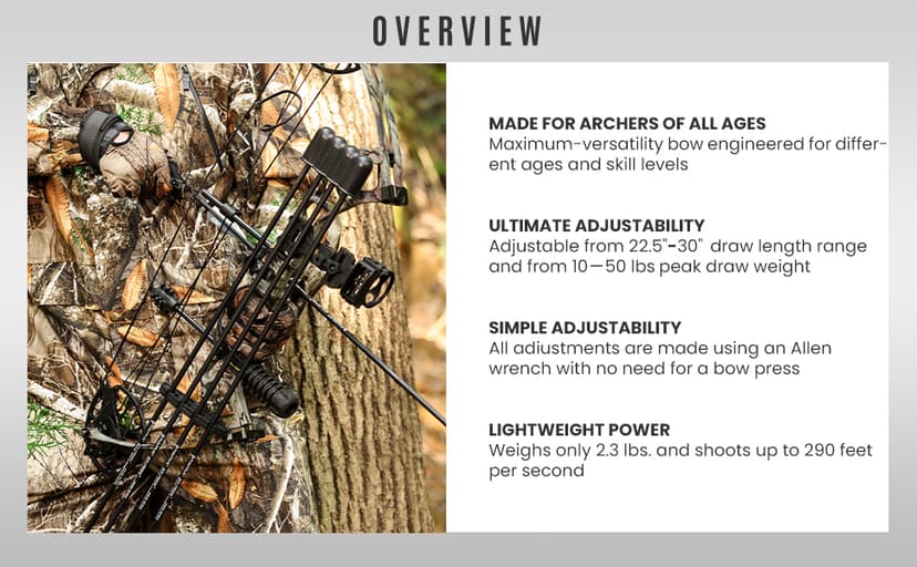 Compound Bow Package for Youth & Adults,Beginners and Women,22.5"-30" Draw Length,10-50 Lbs Draw Weight,290fps,Limbs Made in USA,Hunting Bow Archery Set