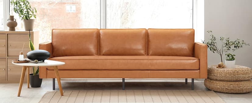Valencia Varese 90" Full Leather Couch Cognac Tan Brown- Italian Nappa Leather Modern Cloud Couch for Living Room/Apartment Furniture