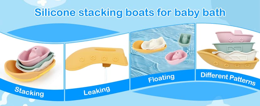 MCGMITT Baby Bath Toys for Kids Ages 1-3, 12 PCS Silicone Mold Free Bathtub Toys for 6-12 Months, Soft Stacking Cups & No Hole Duck & Floating Boats, Beach Sand Water Table Pool Toys for Toddlers