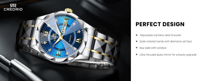 Credrio Watch for Men Stainless Steel Waterproof Diamond Business Dress Analog Quartz Luminous Date Two Tone Luxury Casual Wrist Watch