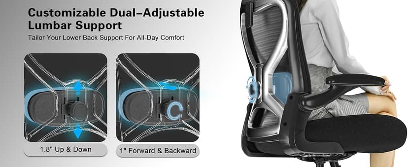 Home Office Desk Chairs, Ergonomic Office Chair with Lumbar Support & 3D Headrest, Computer Desk Chair with Flip-up Armrests, Perfect for Office or Study, Black/Silver