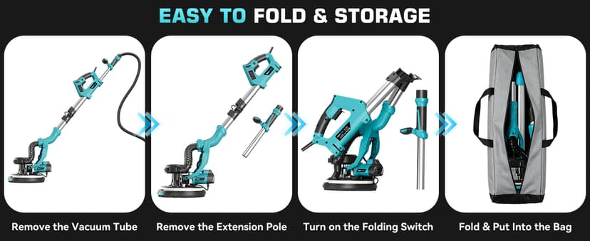 Drywall Sander with Vacuum Dust Collector, 1000W Popcorn Ceiling Removal Tool, Electric Drywall Sander with Digital Display Screen 9 Variable Speed 800-2100RPM, Foldable & Extendable Handle