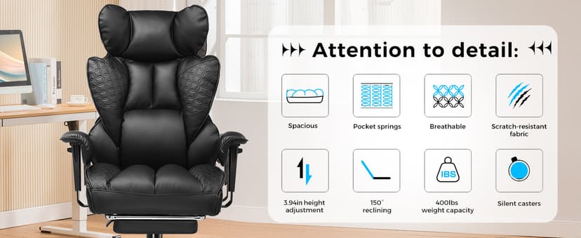 GTPLAYER Big and Tall Gaming Chair 400lbs Heavy Duty Office Chair with Footrest, High Back Pocket Spring Lumbar Support, Ergonomic Wide Comfy Seated Cushion for Lower Back Pain Relief, Earth-Black