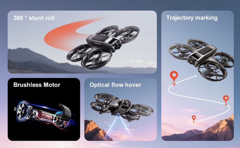 VR FPV Drone, Experience First-Person View Flight, Comes With a VR Goggle Kit and Remote Controller. The Drone Features a Full Propeller Protection Guard and Collision-Resistant Structure, Making It Easy to Operate and Perfect for Beginners. Equipped With an Optical Flow Positioning System and Brushless Motors for Smoother and More Precise Flight. FPV Quadcopter for Entertainment or as a High-Performance Remote Control Helicopter.