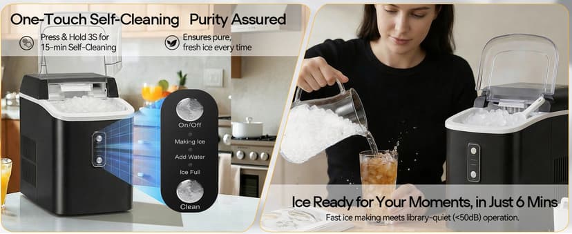 NEWBULIG Nugget Ice Makers Countertop, Portable Nugget Ice Machine, Ready in 6 Mins, 24lbs in 24Hrs, Auto-Cleaning, with Basket and Scoop, for Home, Kitchen, RV, Camping, Black