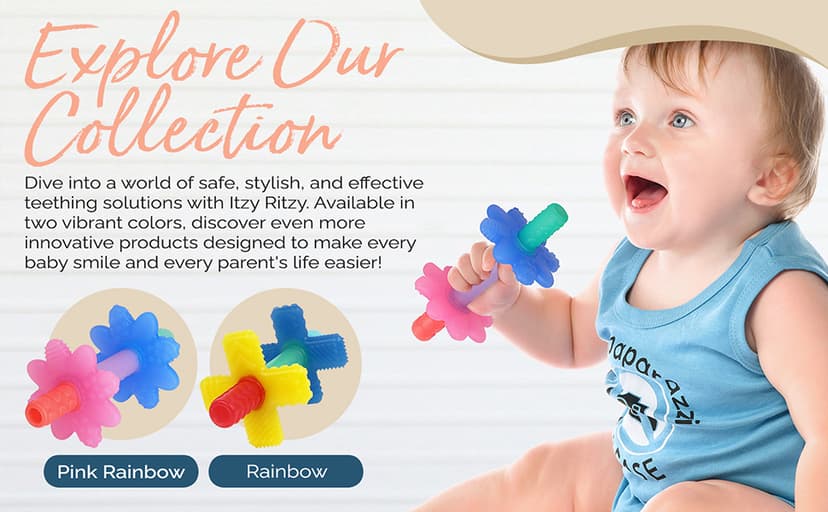Itzy Ritzy Teensy Tube Teether – Textured Hollow Baby Teething Tube That Reaches Front Teeth & Back Molars, Made of Soft Silicone (Pink Rainbow)