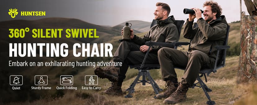 HUNTSEN 360° Silent Swivel Hunting Chair for Blinds - Stable Portable Ground Blind Chair Adjustable 4 Legs & Seat Height Folding Outdoor Fishing Seat with Anti-Sink Feet Armrest - Supports 330lbs