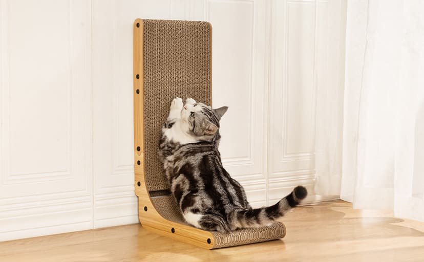 Poils bebe L Shape Cat Scratcher, 26.8 Inch Cat Scratchers for Indoor Cats, Protecting Furniture Cat Scratch Pad, Cardboard Cat Scratching with Ball Toy, Catnip, Large