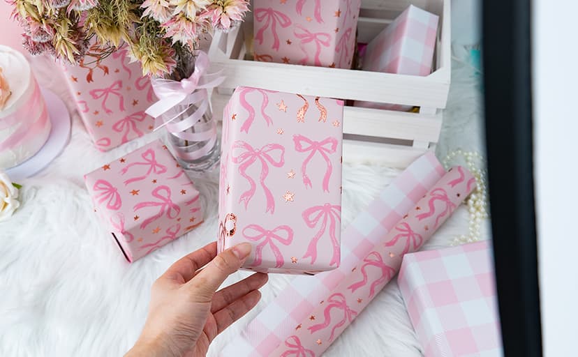 Reversible Plaid Gift Paper for Girl Baby Shower, Birthday, Wedding, Bridal Shower, Memorial Day, 17 Inch x 33 Feet MAYPLUSS Pink Wrapping Paper Roll, Cute Bow Gift Wrap B0DXV62X5W