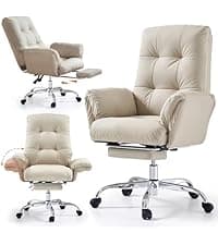 EMIAH Ergonomic Office Chair with Foot Rest Criss Cross Chair with Wheels Reclining Executive Office Chair Mid Back PU Leather Swivel Computer Chairs Lumbar Support for Home Office (Beige)