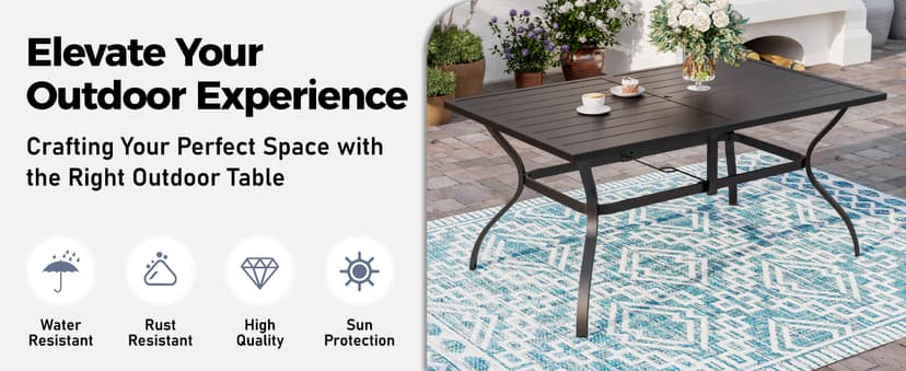 SUNSHINE VALLEY 7 Piece Patio Dining Set for 6, Rectangular Metal Table with Umbrella Hole, 6 Brown Dining Chairs, Outdoor Table and Chairs Set for Lawn Backyard and Deck