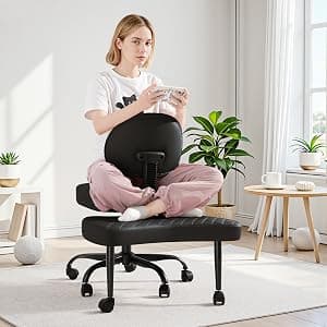 Shahoo Ergonomic Cross Legged Office Chair with Wheels - Adjustable Height Kneeling Meditation Chairs for ADHD, Yoga & Desk Work - Wide Criss Cross Seat with Lumbar Support, (Faux PU,Brown)