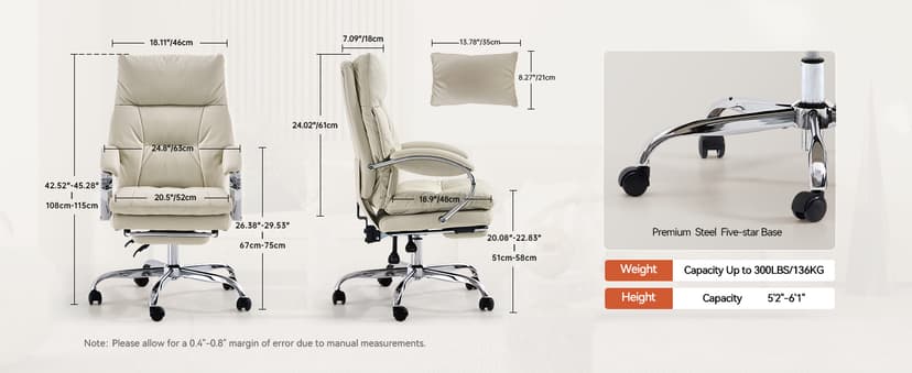 LEAGOO Office Chair with Foot Rest, Ergonomic Executive Office Chair with Arms, Reclining High Back PU Leather Comfy Swivel Computer Desk Chairs with Wheels and Lumbar Support for Home Office, Cream