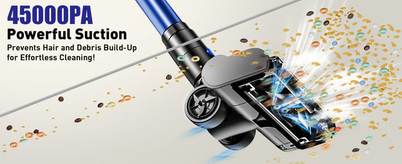 Cordless Vacuum Cleaner, 45KPA 8 in 1 Lightweight Vacuum Cleaners for Home, 50Mins Anti-Tangle Stick Vacuum, LED Display, Rechargeable Vacuum for Pet Hair/Carpet/Floor (Blue)