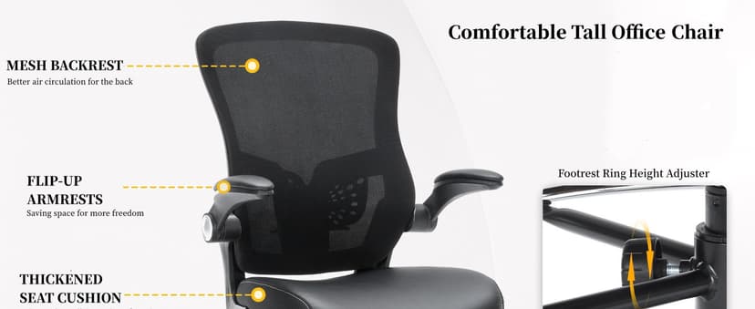Drafting Chair, Tall Office Chair with PU Leather Seat, Ergonomic Standing Desk Chair with Lumbar Support Counter Height Office Chair with Adjustable Footrest Ring Flip-up Armrests