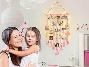 Homecor Hanging Photo Display Wall Decor, Macrame Wall Hanging Boho Room Bedroom Decor, Picture Frame Collage Board with Light 30 Clip, Christmas Teenage Teen Girl Gifts Ages 10 11 12 13 14 Years Old