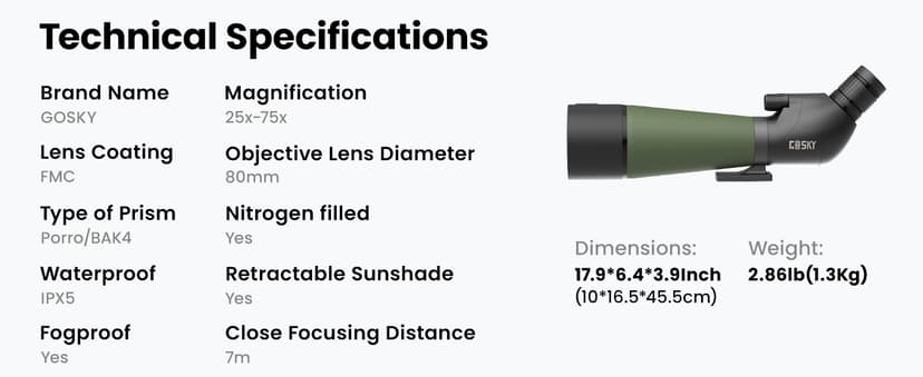 Gosky Flagship 25-75x80 Spotting Scope - Spotting Scopes with Tripod, Carrying Bag and Quick Phone Holder BAK4 Waterproof Spotter Scope for Bird Watching Target Shooting,Upgraded Version