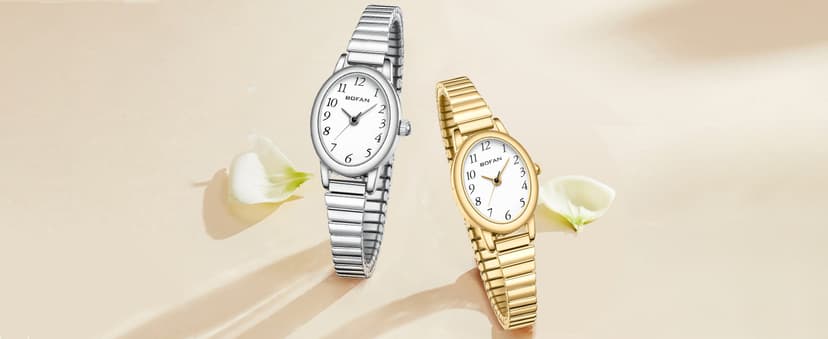 BOFAN Small Gold Watches for Women Easy Read Ladies Quartz Wrist Watch with Stainless Steel Expansion Band,Waterproof.