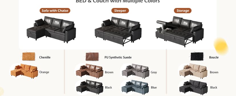 JFHID Leather Sleeper Sofa Couch with Pullout Bed, 80'' Sofa Bed with Storage Chaise, Pull Out Couch with USB&Cup Holders, L-Shaped Convertible Couches for Living Room-Faux Leather, Black