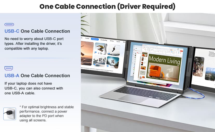 One Cable Laptop Screen Extender, 15.6” Ultra-Slim Triple Portable Monitor, 1080P FHD IPS Display, USB-C/USB-A Connection, Travel Monitor for 13–17.3" Laptops, MacOS/Windows/Android