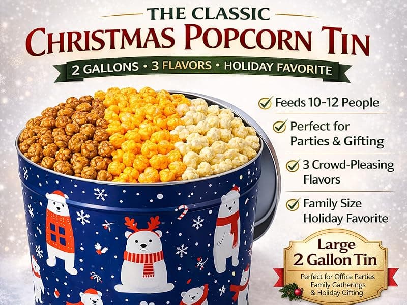2 Gallon, 3 Flavors Uncle Myron's Christmas Popcorn Tin, 3 Flavors, Holiday Food Gift Basket B0FMZDY4VP