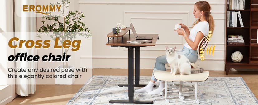 EROMMY ADHD Chair with Wheels Retractable footrest, Wide and Thickened Criss Cross Chair, Ergonomic Cross Legged Kneeling Desk Chairs for Meditation Yoga, Beige & Brown