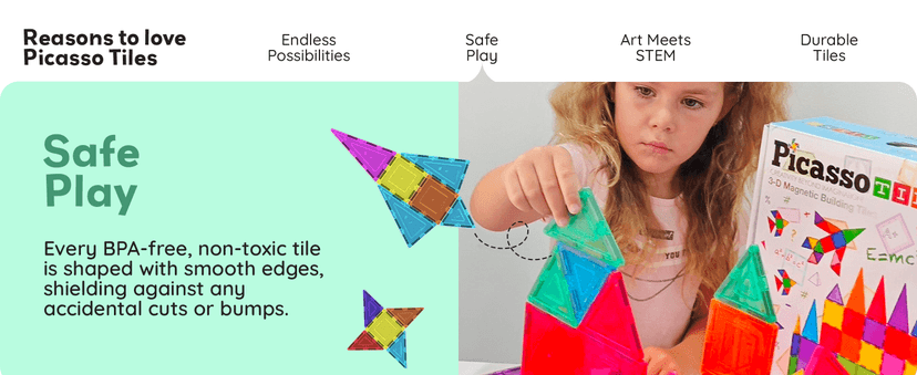 No-limit scalable builds, hands-on magnet polarity fun, family group play, quick assemble & store, shape & color recognition PicassoTiles 100 Piece Magnetic Tiles, Clear 3D Building Blocks for Kids 3+ B00AU56C5W