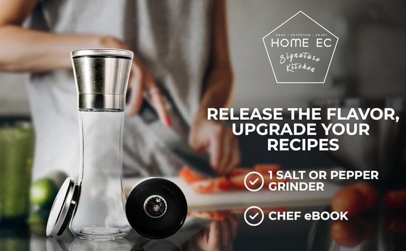 HOME EC Original Stainless Steel Salt or Pepper Grinder 1pk - Adjustable Ceramic Sea Salt Grinder or Pepper Mill - Tall Glass Spice Shaker - Spice Mill w/EBook B082V134CK