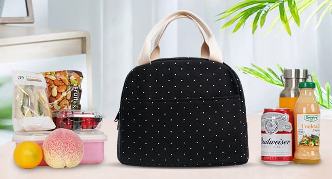 EurCross Upgraded Compact Black Lunch Bag for Girls Women,Canvas Reusable Insulated Polka Dot Lunch Tote Box Bag for Work School