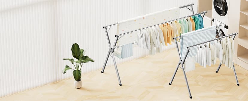JAUREE 79 Inches Clothes Drying Rack, Drying Rack Clothing Folding Indoor Outdoor, Heavy Duty Stainless Steel Laundry Rack, Foldable Portable Large Clothes Rack Garment Rack with 20 Windproof Hooks