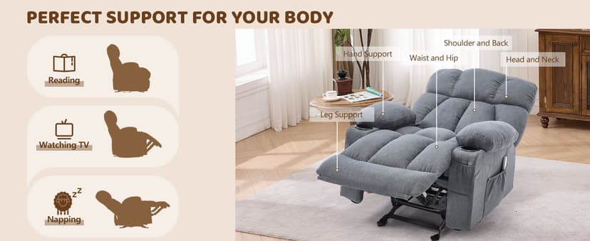 Massage Rocking Recliner Chair, Ergonomic Recliners Sofa with Vibration Massage & Heat, Rocking Chair Nursery Chair for Living Room Lounge with 4 Pockets, 2 Cup Holders, USB Charge Port, Grey
