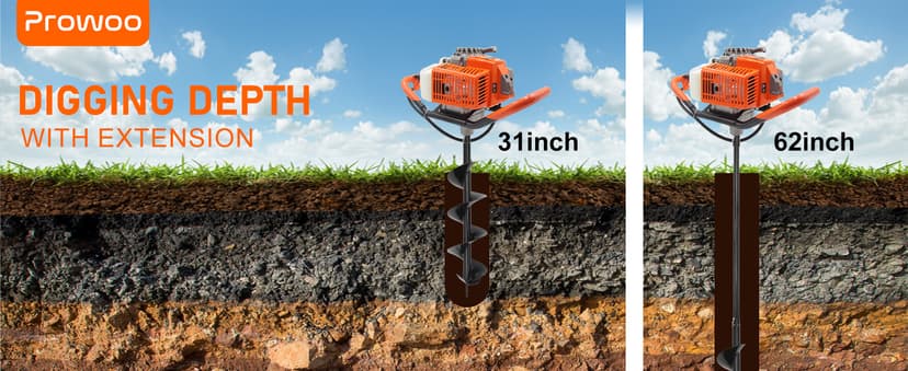 72CC Auger Post Hole Digger, 2 Stroke Gas Powered Earth Post Hole Digger with 2 Auger Drill Bits(6" & 8") + 1 Extension Rods for Farm Garden Plant, Orange (72CC)