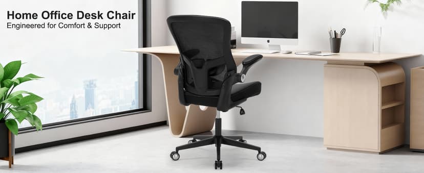 Ergonomic PU Leather Office Chair, 400lbs Weight Capacity, Breathable Mesh Back, Adjustable Height & Flip-Up Arms, Heavy Duty Computer Desk Chair for Home & Office, Black