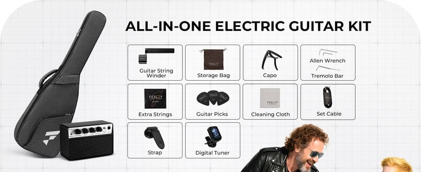 Fesley 39 Inch Electric Guitar: Beginner Electric Guitar Kit with HSS Pickup, Full Size Solid Body Guitar Starter Set with Amplifier, Bag, Strap, String, Cable, Picks, FST100, Blue