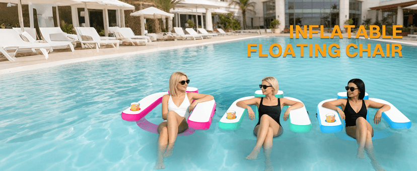 Adults Inflatable Pool Float Chair, Floating Lounger with Cup Holder, 100° Fixed Backrest, Breathable & Sinking Mesh Seat, Inflatable Lounger Float for Swimming Pool/Beach/Lake/Party