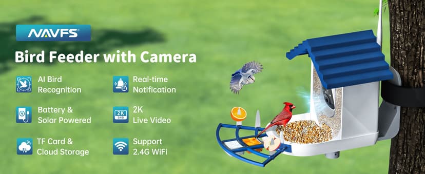 Smart Bird Feeder with Camera Solar Powered & AI Bi rd Identification, 2.4Ghz WiFi Bird feeders for Outdoors, 2K Live Video, Nstant Arrival Alerts - Gifts for Women
