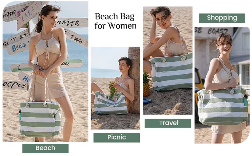 Clothirily Beach Bag for Women - Large Beach Tote Bag, Waterproof Sandproof Beach Bag with Zipper, Large Swim Pool Beach Tote