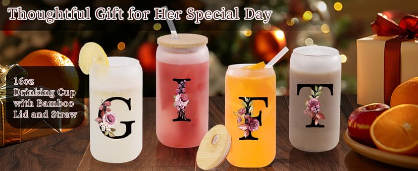 Monogrammed Glass Drinking Cup With Lid Straw Girlfriend Gf Gifts Future Mrs for Her Women Boyfriend 1 One Year Anniversary Meaningful Cute Romantic Christmas Xmas First Valentines I Love You More,C