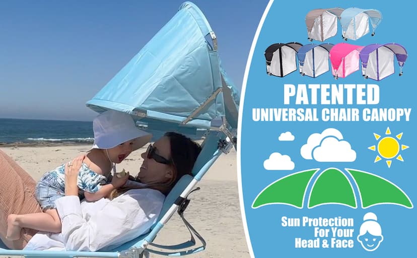 Universal Wind-Resistant Chair Umbrella Canopy, Foldable Portable UPF 50+ Sun Shade Attachment with Adjustable Clamp, Fits Most Beach, Camping, Lawn, Sports, Tanning, Zero Gravity Chairs, Patented