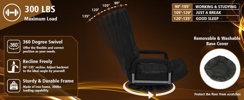 Swivel Gaming Chair Multipurpose Floor Gaming Chair for Playing Video Games, TV, Reading w/Armrest Lumbar Support & 6 Adjustable Postion Backrest for Adults, Black