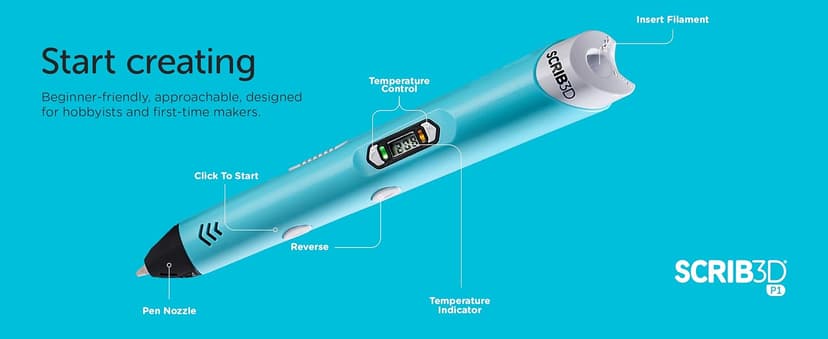 SCRIB3D P1 3D Printing Pen with Display - Includes 3D Pen, 3 Starter Colors of PLA Filament, Stencil Book + Project Guide, and Power adapter