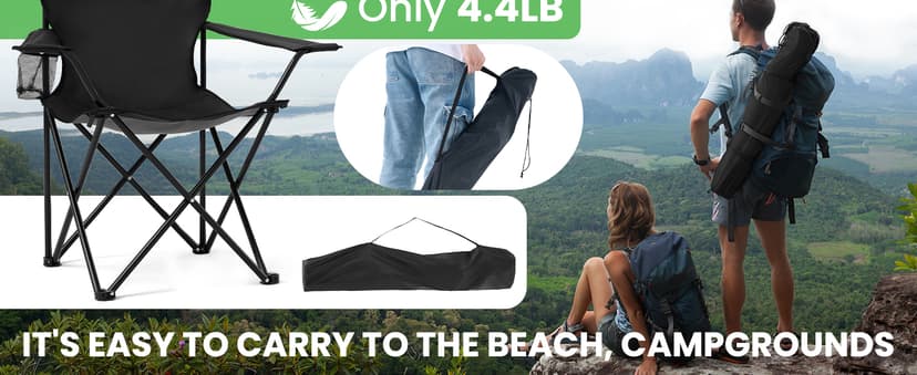 2 Pack Portable Camping Chairs Folding Lawn Chair Outdoor Lightweight Beach Chair with Cup Holder & Carry Bag for Outside Sports, Fishing, Hiking, Travel, Picnic, Backyard (Black-Dark)