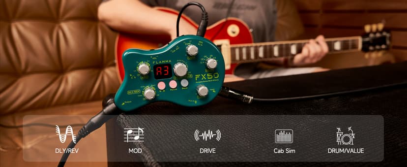 FLAMMA FX50 Practice Guitar Pedal Multi Effects Pedal Mini Portable with 40 Drum Rhythms15 Effects 32 Patches Tuner Function Support Both Corded and Battery Powered