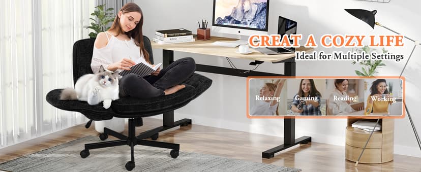 Criss Cross Chair with Wheels & Arms, Chenille Cross Legged Office Chair with 5-level Folding Armrest, Comfortable Adjustable Swivel Vanity Chair for Home, Make Up, Bed Room, Office, Accent (Black).