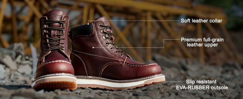 SAFETY LOONG Moc Toe Work Boots for Men Waterproof Soft/Steel Toe Comfortable Full Grain Leather Non Slip Wedge Outsole Construction 6" Workboots