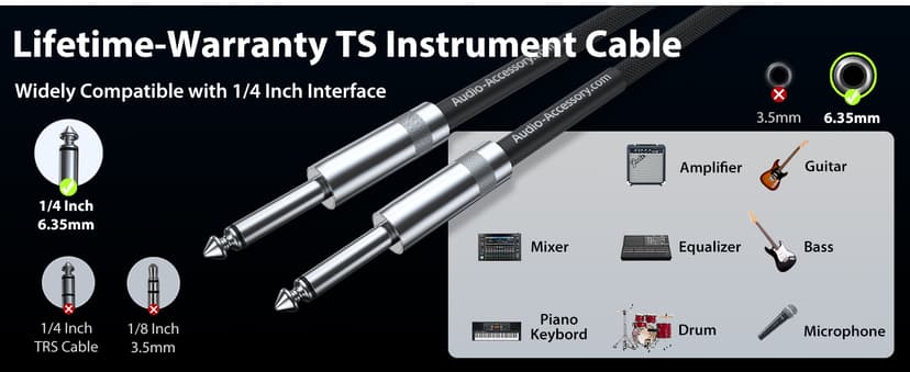AA AUDIO ACCESSORY Guitar Cable 10 ft 2 Pack, Nylon Braided Anti-Kinking Kevlar-Reinforced, 20AWG 99.99% OFC, Heat-Shrink Protected 1/4 Instrument Cable, Shielded Amp Cord for Fender Electric Guitar