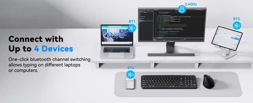 TECKNET Wireless Keyboard Bluetooth & 2.4G USB, Up to 4-Device Connection, USB C Rechargeable Battery, Quiet Typing, Compact Layout, 7° Ergonomic Tilt, Compatible with Windows/Android/iOS, Black