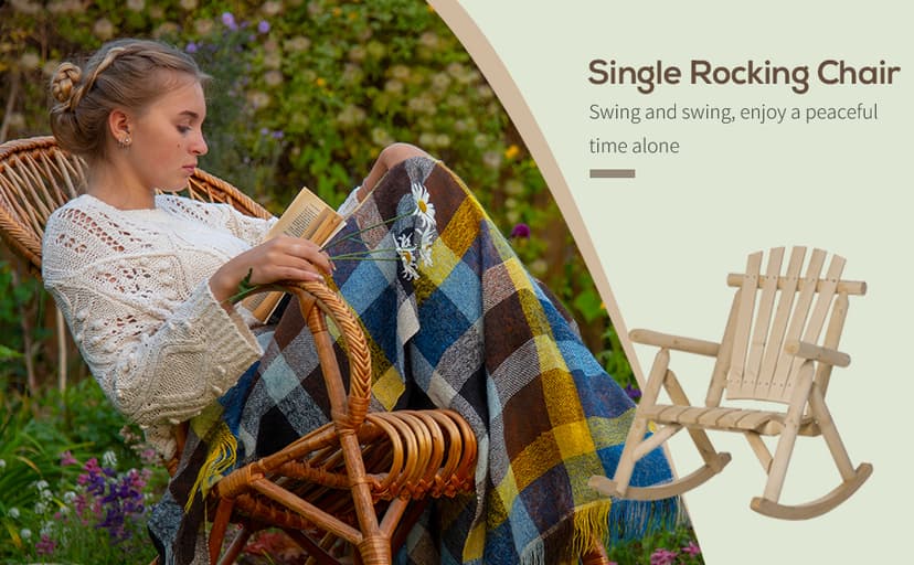 Outsunny Outdoor Wooden Rocking Chair, Single-Person Rustic Adirondack Rocker with Slatted Seat, High Backrest, Armrests for Patio, Garden and Porch, Natural