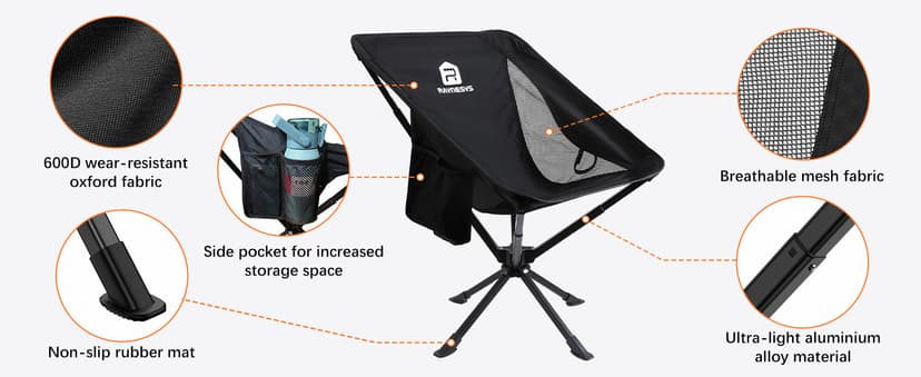 Raynesys 1 Pack Portable Camping Chair, Flexible 360° Rotation, Easy Carry, 8 Seconds Quick Setup Folding Camping Chair, 3.8Lb Lightweight Folding Chairs for Hiking, Beach, Sporting, Travel