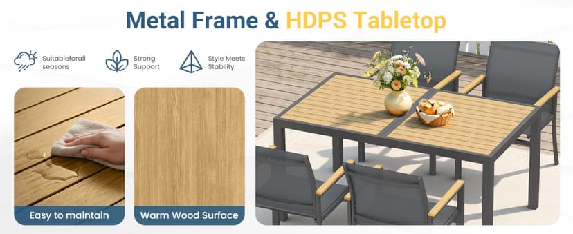 5-Pieces Aluminum Patio Table and Chairs for All-Weather, Patio Table Set with Heavy Duty HDPS Rectangular Table, Outdoor Patio Dining Furniture Set with Breathable Quick-Drying Textilene Chairs